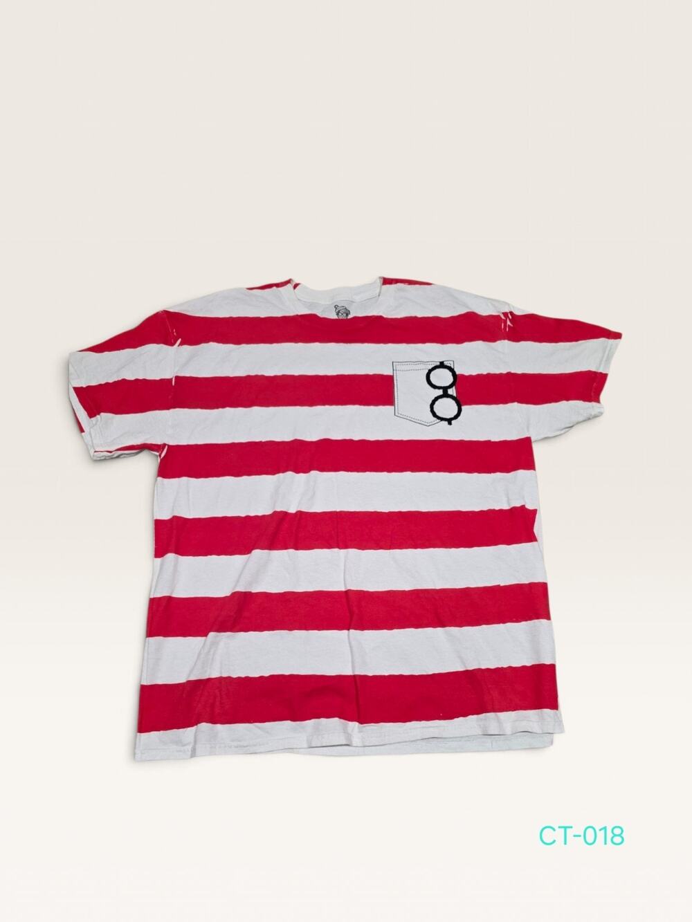 Wheres Waldo Costume T Shirt Mens XL Red White Stripes Fake Pocket Eyeglasses